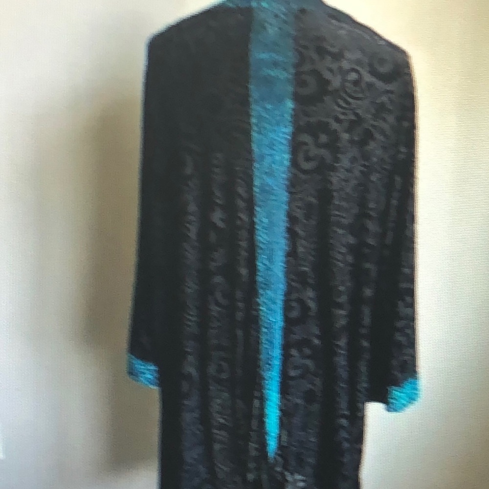Women's Teal Floral Black Burnout Velvet Long Sleeve Duster Kimono with Pockets